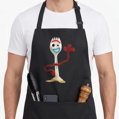 Tablier de cuisine noir avec Forky fourchette blanche souriante bras en feutre rouge et pieds en papier carton coloré