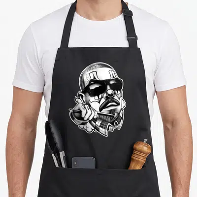 Tablier de cuisine noir avec illustration d'un clown gangster chicano coiffant sa clients avec une brosse.