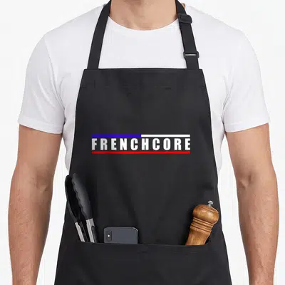 Tablier de cuisine noir avec logo Frenchcore Classic en blanc encadré par des lignes bleue et rouge.