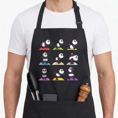 Tablier de cuisine noir avec neuf illustrations de pandas pratiquant le yoga sur des tapis de couleurs vives.
