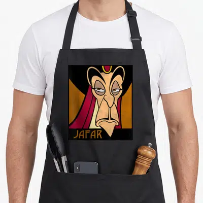 Tablier de cuisine noir avec portrait stylisé de Jafar et son nom en bas au centre.