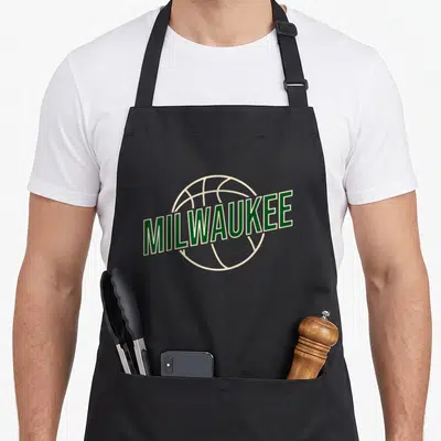 Tablier de cuisine noir avec logo Milwaukee MKE et ballon de basket vert crème sur fond uni.