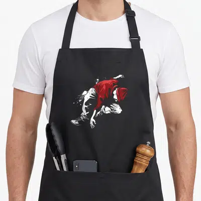 Tablier de cuisine noir avec illustration breakdancing boy drawing rouge et blanc dynamique