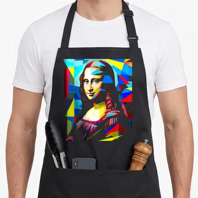 Tablier de cuisine noir avec portrait de Mona Lisa en art polygonal multicolore et géométrique.