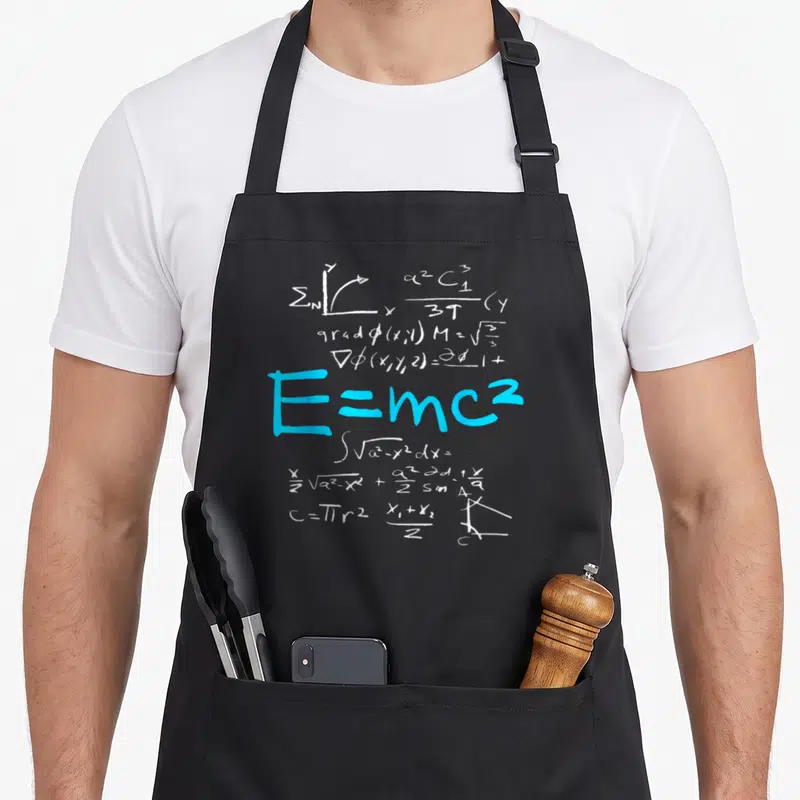 Tablier de cuisine noir avec la formule E=mc2 en bleu entourée d'équations mathématiques blanches tracées à la main.