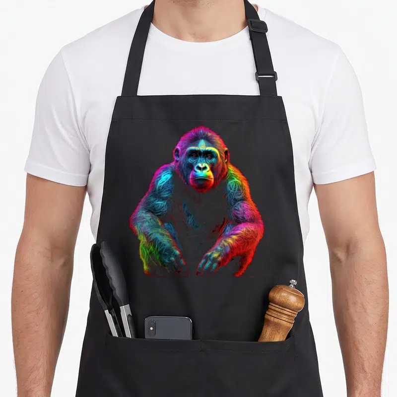 Tablier de cuisine noir avec illustration d'un gorille aux couleurs vives et au style artistique créatif.