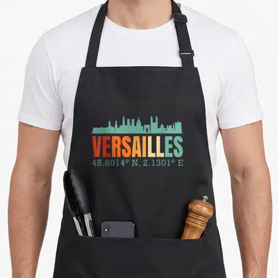 Tablier de cuisine noir avec silhouette de ville turquoise et texte VERSAILLES en dégradé orange et vert