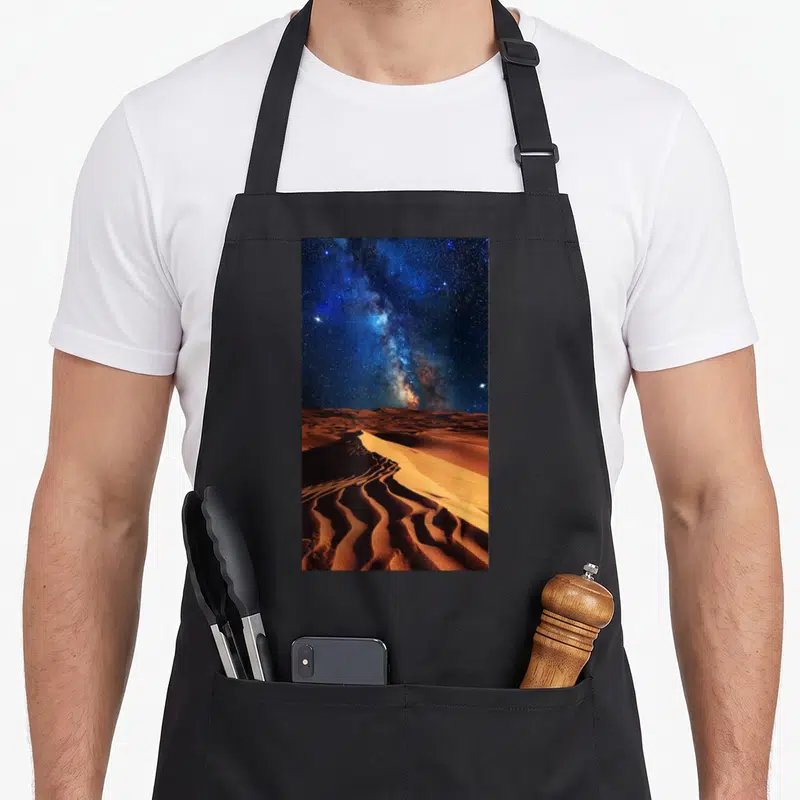 Tablier de cuisine noir avec illustration d'une sable et voie lactée étoiles bleues nuit