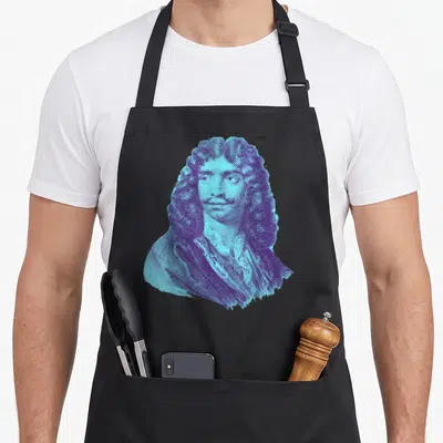 Tablier de cuisine noir avec portrait de Molière en halftone bleu cyan et violet foncé style pop art.