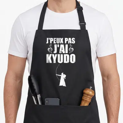 Tablier de cuisine noir avec inscription J'peux pas j'ai Kyudo et silhouette archer blanc