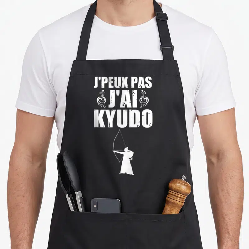 Tablier de cuisine noir avec inscription J'peux pas j'ai Kyudo et silhouette archer blanc