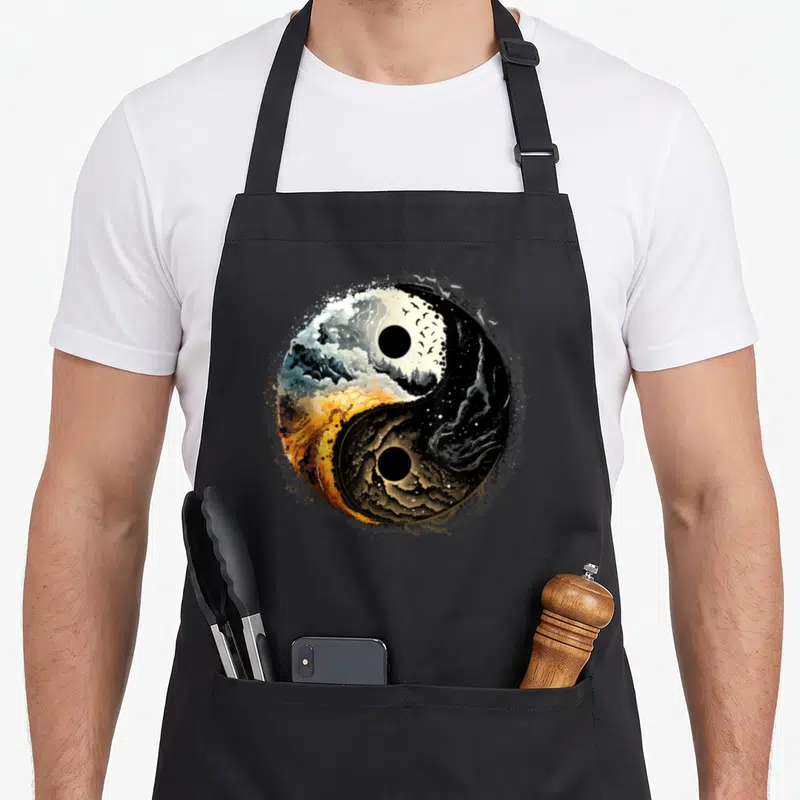 Tablier de cuisine noir avec un grand symbole Yin Yang représentant des vagues, des oiseaux et des étoiles.