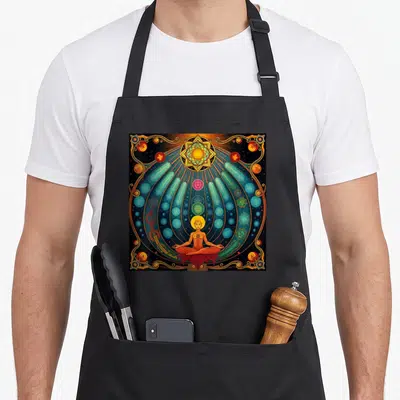 Tablier de cuisine noir avec une illustration de yoga, chakras et motifs cosmiques colorés sur fond sombre.
