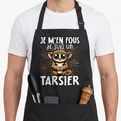 Tablier de cuisine noir avec illustration d'un tarsier mignon et texte Je m'en fous je suis un tarsier en blanc.