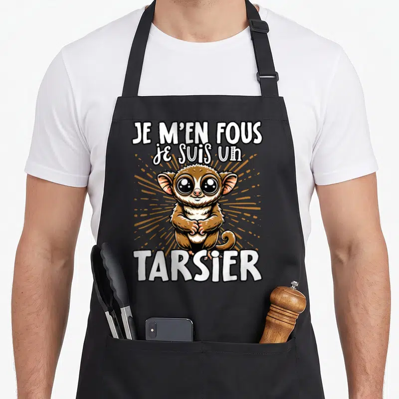 Tablier de cuisine noir avec illustration d'un tarsier mignon et texte Je m'en fous je suis un tarsier en blanc.
