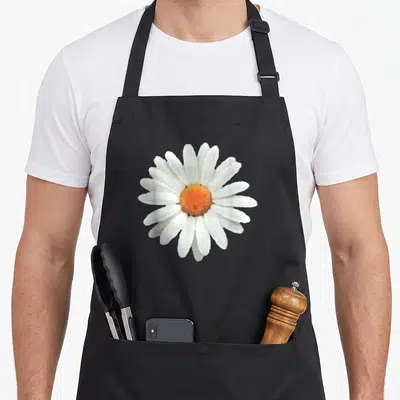 Tablier de cuisine noir avec une grande marguerite blanche à cœur orange imprimée au centre du torse.