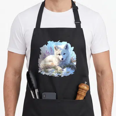 Tablier de cuisine noir avec illustration d'un renard polaire blanc reposant sur la neige entouré de végétation hivernale.