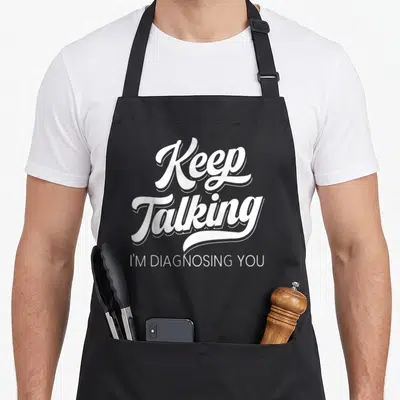 Tablier de cuisine noir avec le texte blanc Keep Talking I'm diagnosing you en typographie stylisée.