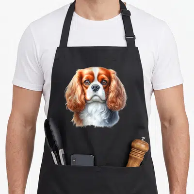 Tablier de cuisine noir avec portrait détaillé d'un Épagneul Cavalier King Charles aux oreilles tombantes.