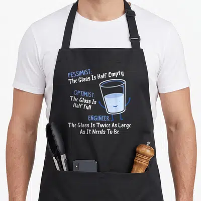 Tablier de cuisine noir avec un verre souriant et des textes sur pessimiste optimiste ingénieur