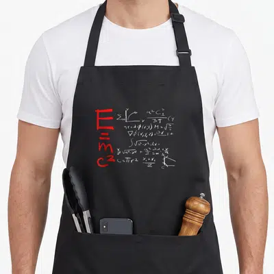 Tablier de cuisine noir avec l'équation E=mc2 en rouge et des calculs mathématiques blancs sur le devant.