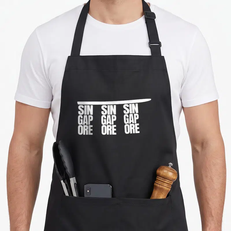 Tablier de cuisine noir avec typographie blanche répétée formant Singapour sous une ligne courbe.