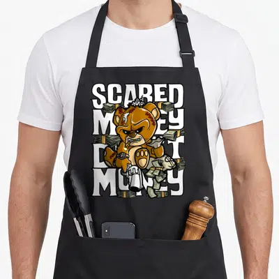 Tablier de cuisine noir avec ours gangster fumant et texte blanc SCARED ME MONEY