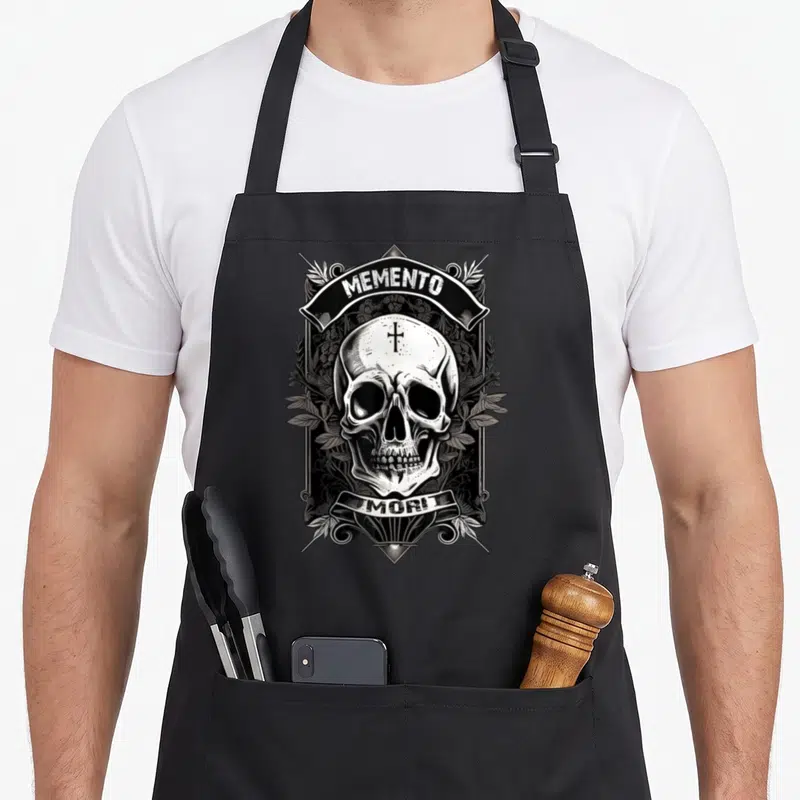 Tablier de cuisine noir avec illustration Memento Mori représentant un crâne et des feuilles en gravure blanche.