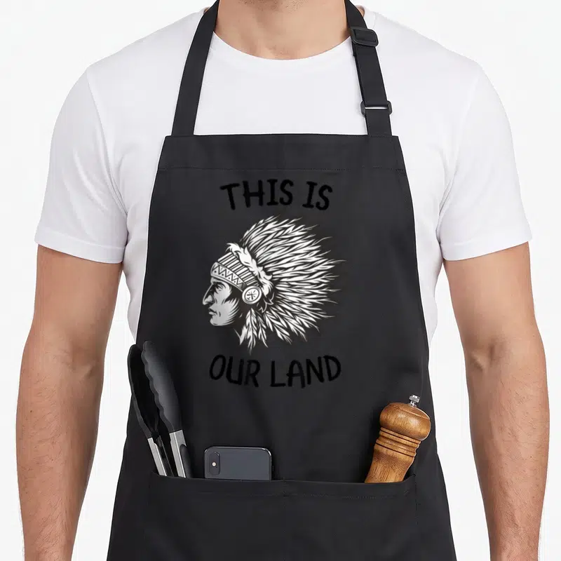 Tablier de cuisine noir avec illustration d'un chef amérindien et le texte This is Our Land