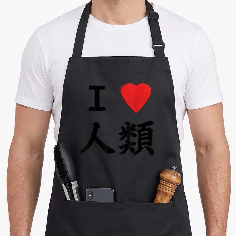 Tablier de cuisine noir avec le texte I Love Humanité No Game et un cœur rouge au centre.
