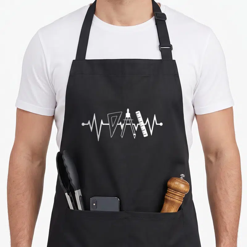Tablier de cuisine noir avec un électrocardiogramme stylisé composé d'un compas, d'une règle et d'une équerre en dessin linéaire blanc.