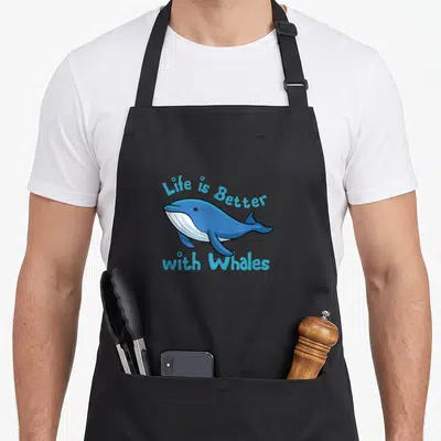 Tablier de cuisine noir avec une illustration de baleine bleue et le texte Life is Better with Whales en bleu clair.