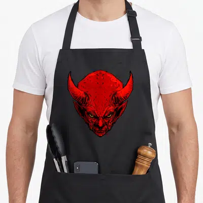 Tablier de cuisine noir avec tête de démon rouge aux cornes acérées et yeux jaunes perçants.