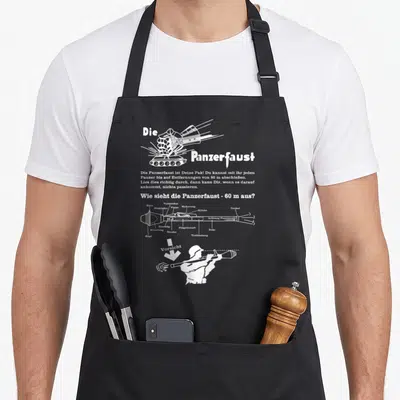 Tablier de cuisine noir avec infographie blanche du lance-roquettes Panzerfaust et son schéma technique détaillé.