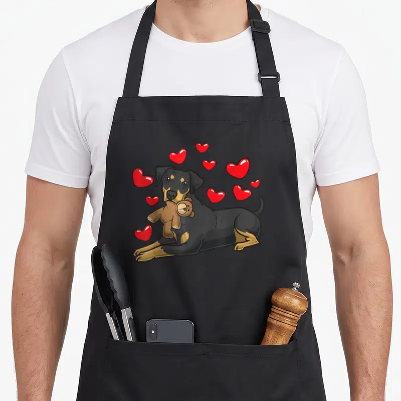 Tablier de cuisine noir avec un Pinscher allemand tenant une peluche et des cœurs rouges flottants.