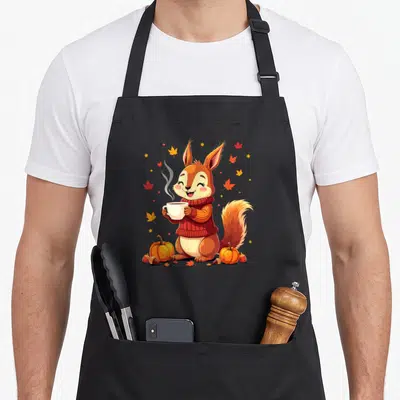 Tablier de cuisine noir avec illustration d'un écureuil en pull tenant une tasse de café parmi des feuilles d'automne et des citrouilles.