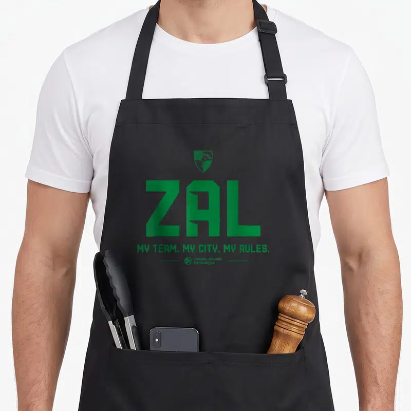 Tablier de cuisine noir avec l inscription ZAL en vert et le logo d EuroLeague au centre.