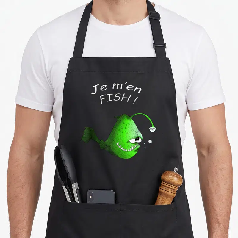 Tablier de cuisine noir avec un poisson angler vert et le texte Je m'en FISH.