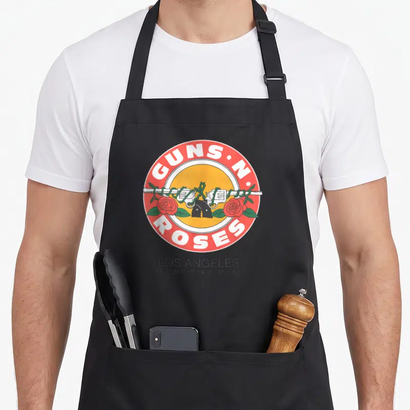 Tablier de cuisine noir avec le logo circulaire Guns N Roses 1989 Bullet Seal Los Angeles