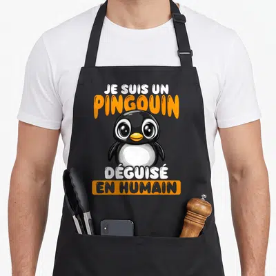 Tablier de cuisine noir avec un pingouin mignon et le texte Je Suis Un Pingouin Déguisé En Humain imprimé en orange et blanc.