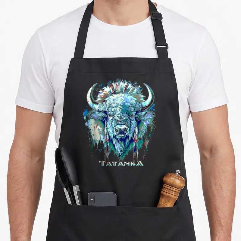 Tablier de cuisine noir avec un grand buffle blanc amérindien aux couleurs vives et le mot TATANKA en bas.