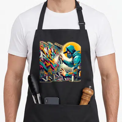 Tablier de cuisine noir avec illustration d'un artiste graffiti portant un masque et utilisant des bombes d'aérosol sur un mur.