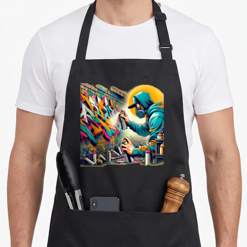 Tablier de cuisine noir avec illustration d'un artiste graffiti portant un masque et utilisant des bombes d'aérosol sur un mur.