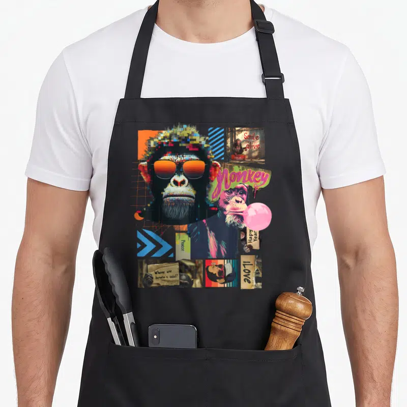 Tablier de cuisine noir avec un singe aux lunettes dégradées et un collage d'illustrations animales colorées.