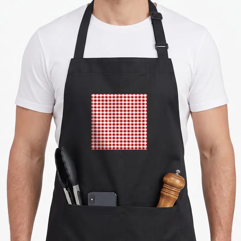 Tablier de cuisine noir avec un motif vichy rouge et blanc composé de petits carreaux réguliers sur le devant.