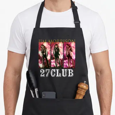 Tablier de cuisine noir avec un triptyque de Jim Morrison et l'inscription 27 Club en blanc.