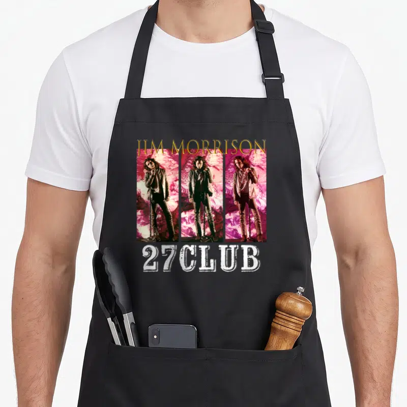 Tablier de cuisine noir avec un triptyque de Jim Morrison et l'inscription 27 Club en blanc.