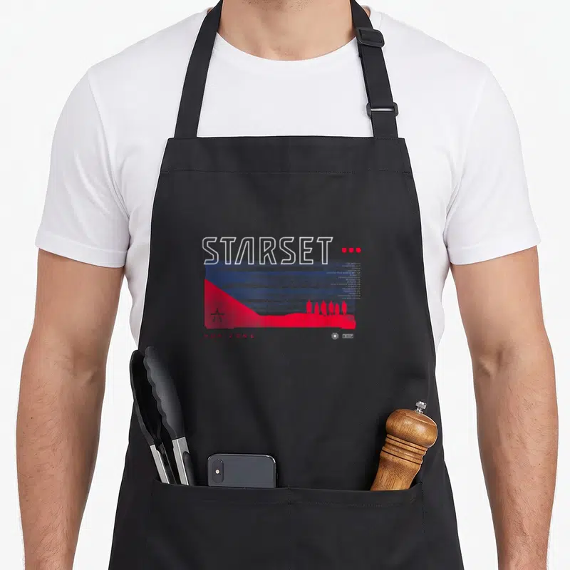 Tablier de cuisine noir avec illustration rouge et bleue Starset Silhouette Horizons