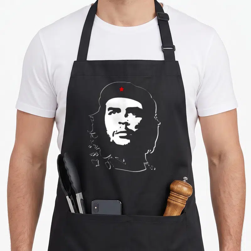 Tablier de cuisine noir avec portrait stylisé de Che Guevara Rebelle et étoile rouge sur béret.