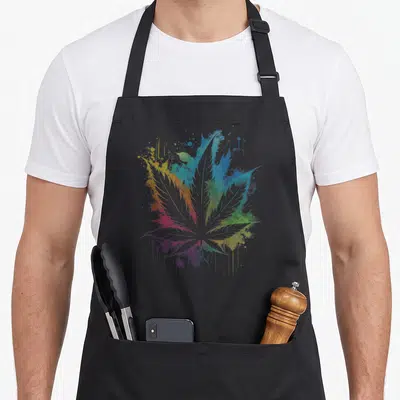 Tablier de cuisine noir avec illustration feuille de cannabis aquarelle multicolore aux éclats de peinture.